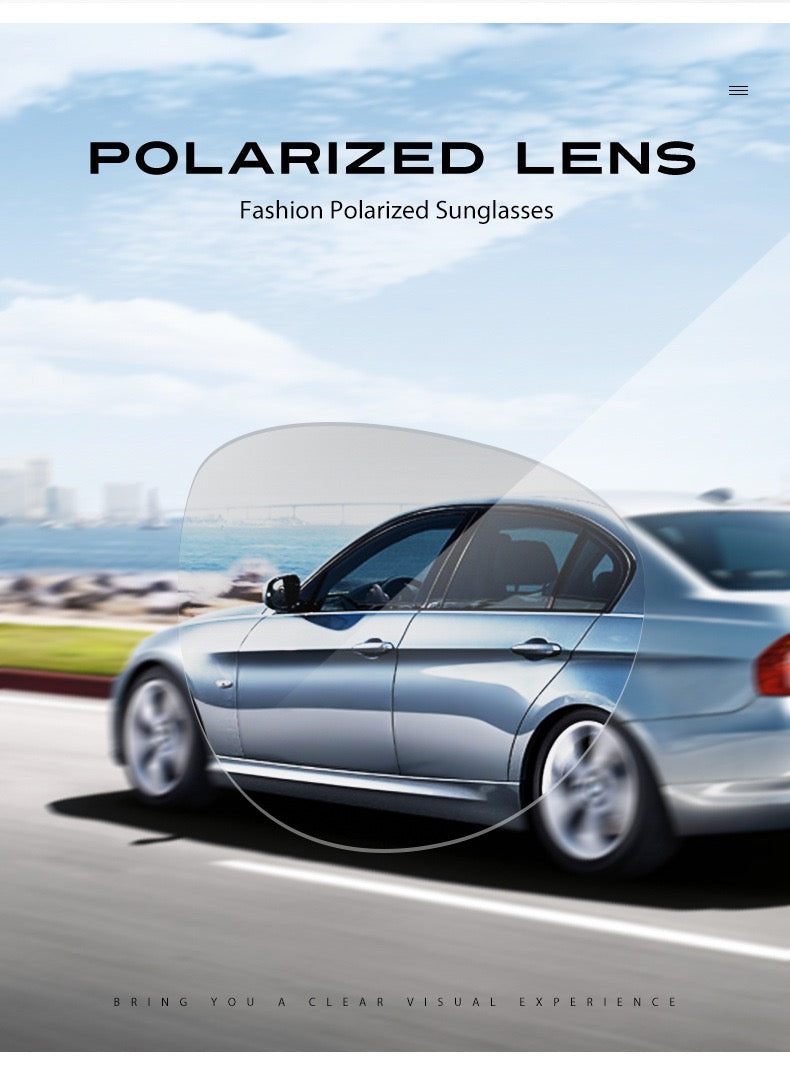 image with the car on the front and pov view of the lens, explaing how the polarized lens work, the meaning of polarized sunglasses