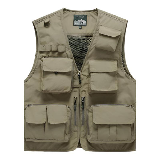 Khaki outdoor utility vest for men featuring multiple zippered and Velcro pockets, breathable mesh lining, and a removable back panel, ideal for hiking, fishing, and travel.