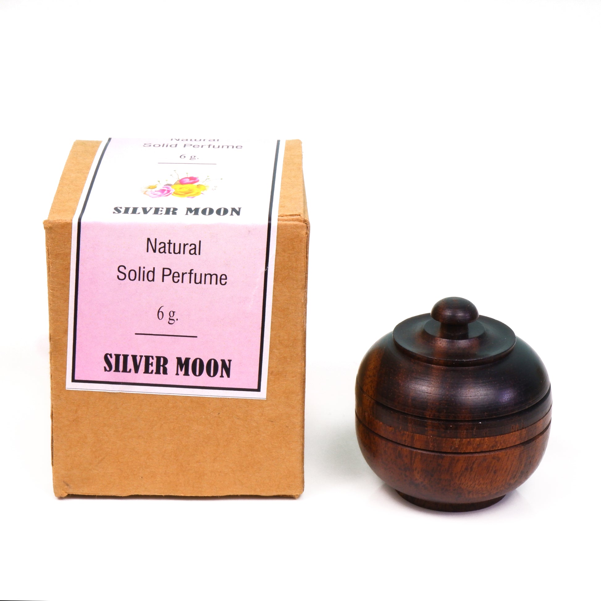 Natural solid perfume silver moon flavour in the rosewood round container